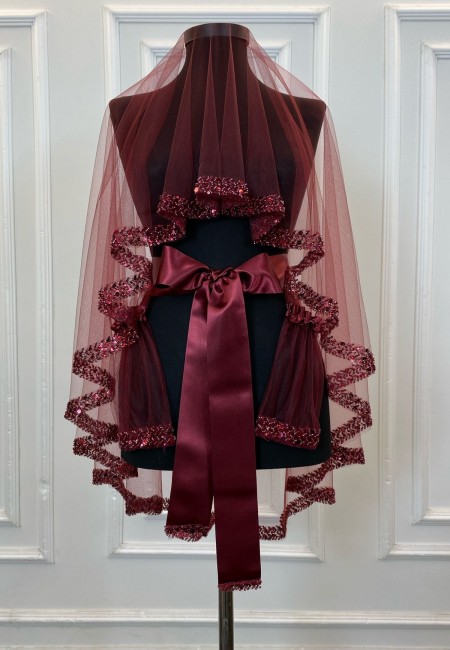 Bordo Zarif Gelin Duvak Seti, Su Taşlı Kına Duvağı Seti 6 Parça, Pul Payet