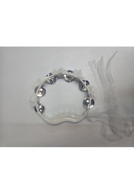 Beyaz Gelin Nedime Tefi Çiçekli Süslü Kurdeleli, Kına Gecesi Düğün Sünnet Bride Plastik Zilli Tef, 1 Adet