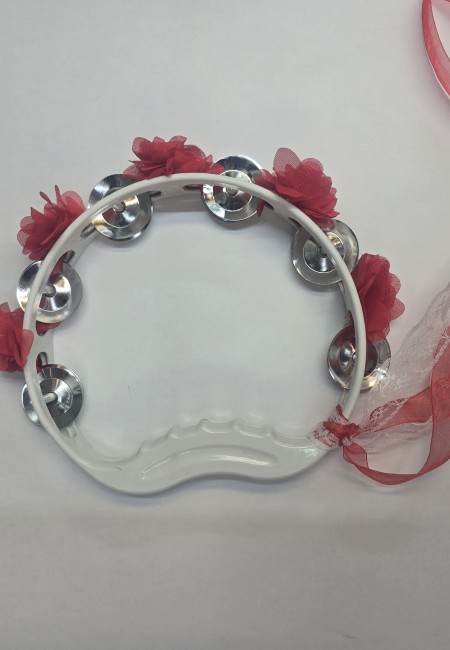 Kırmızı Gelin Nedime Tefi Çiçekli Süslü Kurdeleli, Kına Gecesi Düğün Sünnet Bride Plastik Zilli Tef, 1 Adet