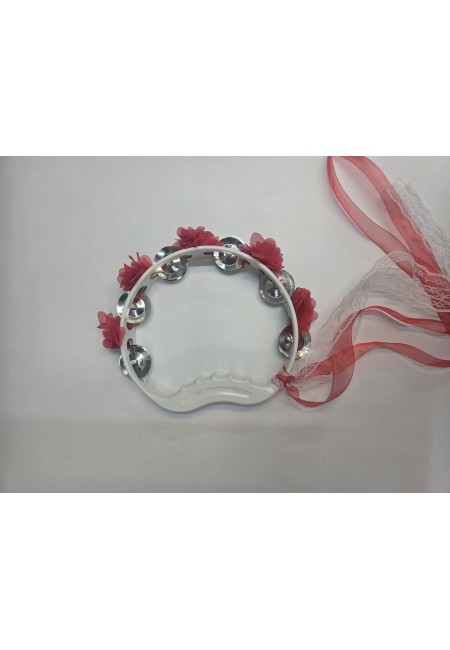 Kırmızı Gelin Nedime Tefi Çiçekli Süslü Kurdeleli, Kına Gecesi Düğün Sünnet Bride Plastik Zilli Tef, 1 Adet