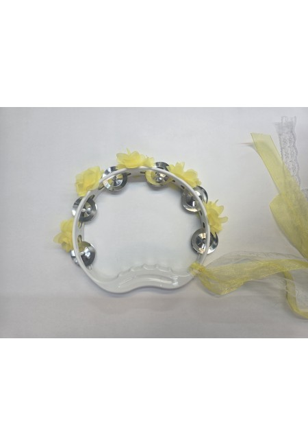 Sarı Gelin Nedime Tefi Çiçekli Süslü Kurdeleli, Kına Gecesi Düğün Sünnet Bride Plastik Zilli Tef, 1 Adet