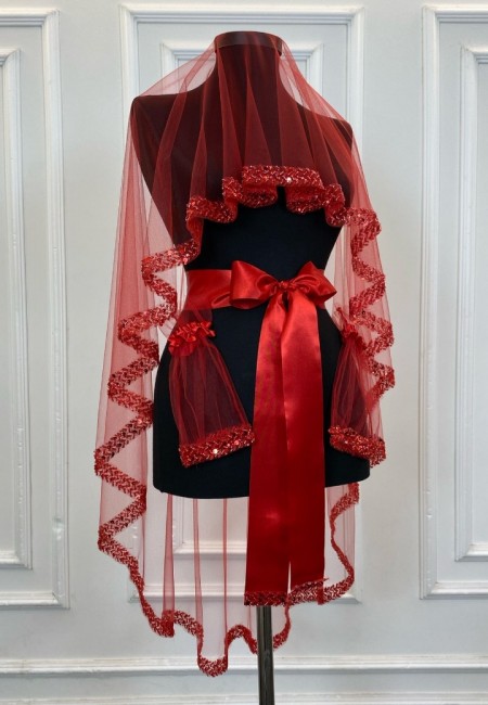 Kırmızı Zarif Gelin Duvak Seti, Su Taşlı Kına Duvağı Seti 6 Parça, Pul Payet