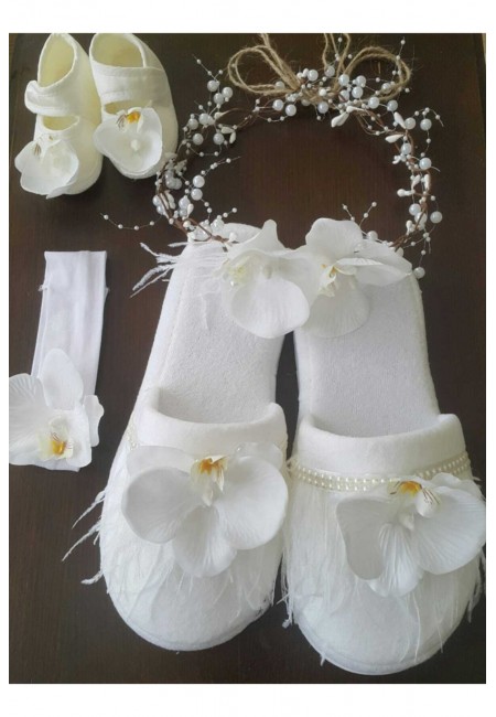 Kadın Orkideli Incili Taç Terlik , Kız Bebek Taç Yenidoğan Ayakkabı Lohusa Seti – Lohusa Seti