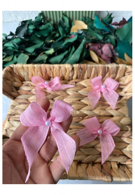 İncili Pembe Keten Kurdele Hazır Fiyonk -25 Adet