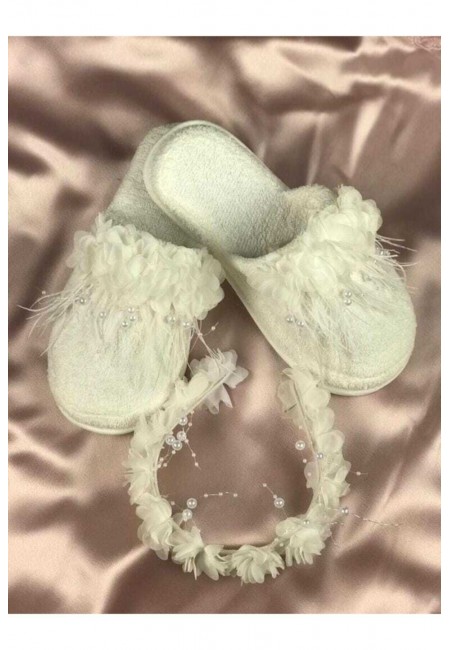 Beyaz Incili Beyaz Çiçek Süslemeli Lohusa Terlik Taç Takımı – Lohusa Seti – Lohusa Seti – Lohusa Se